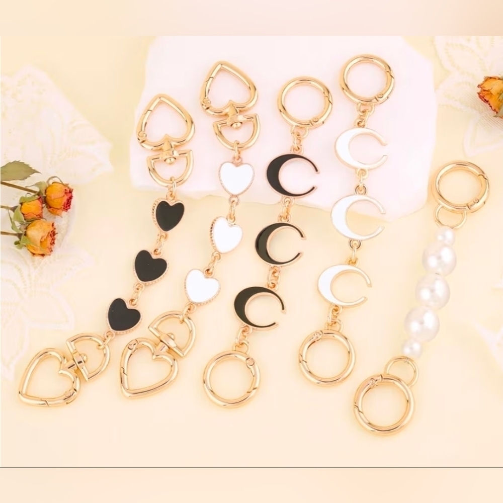 Purse Chain Strap Extenders 5piece In Gold And Black.Moon, Heart, Pearl, New - Picture 3 of 4